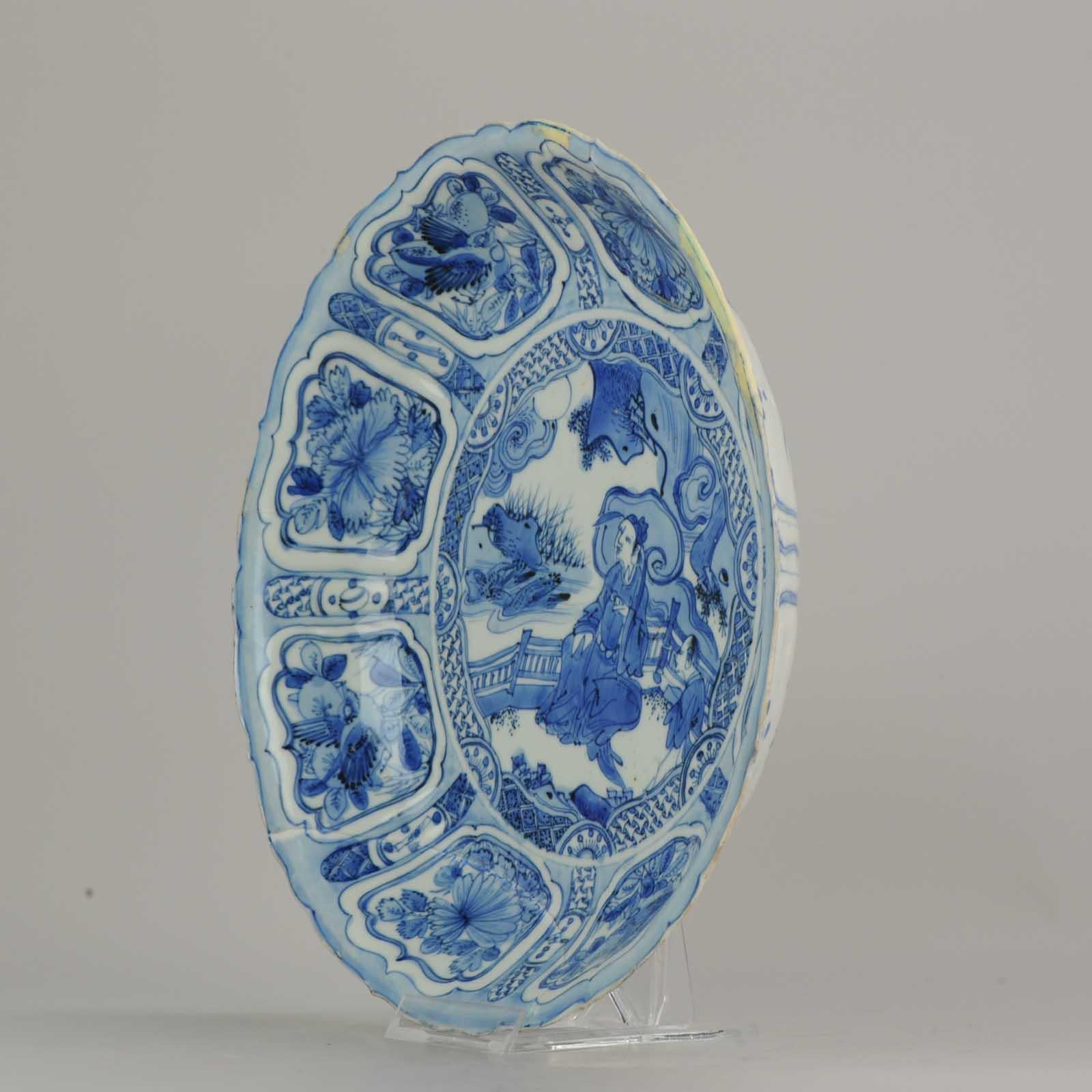 A very nicely decorated kraak plate with a rare scene of Literati in a landscape. Of the absolute highest quality porcelain from this period.
16th-17th Century

See also / Maura Rinaldi - Kraak porcelain
Condition:
Overall condition: Restored. 2