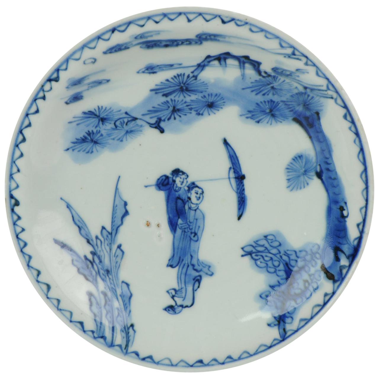 Antique Chinese Porcelain 17th C Kosometsuke Umbrella Romantic Meeting Plate For Sale