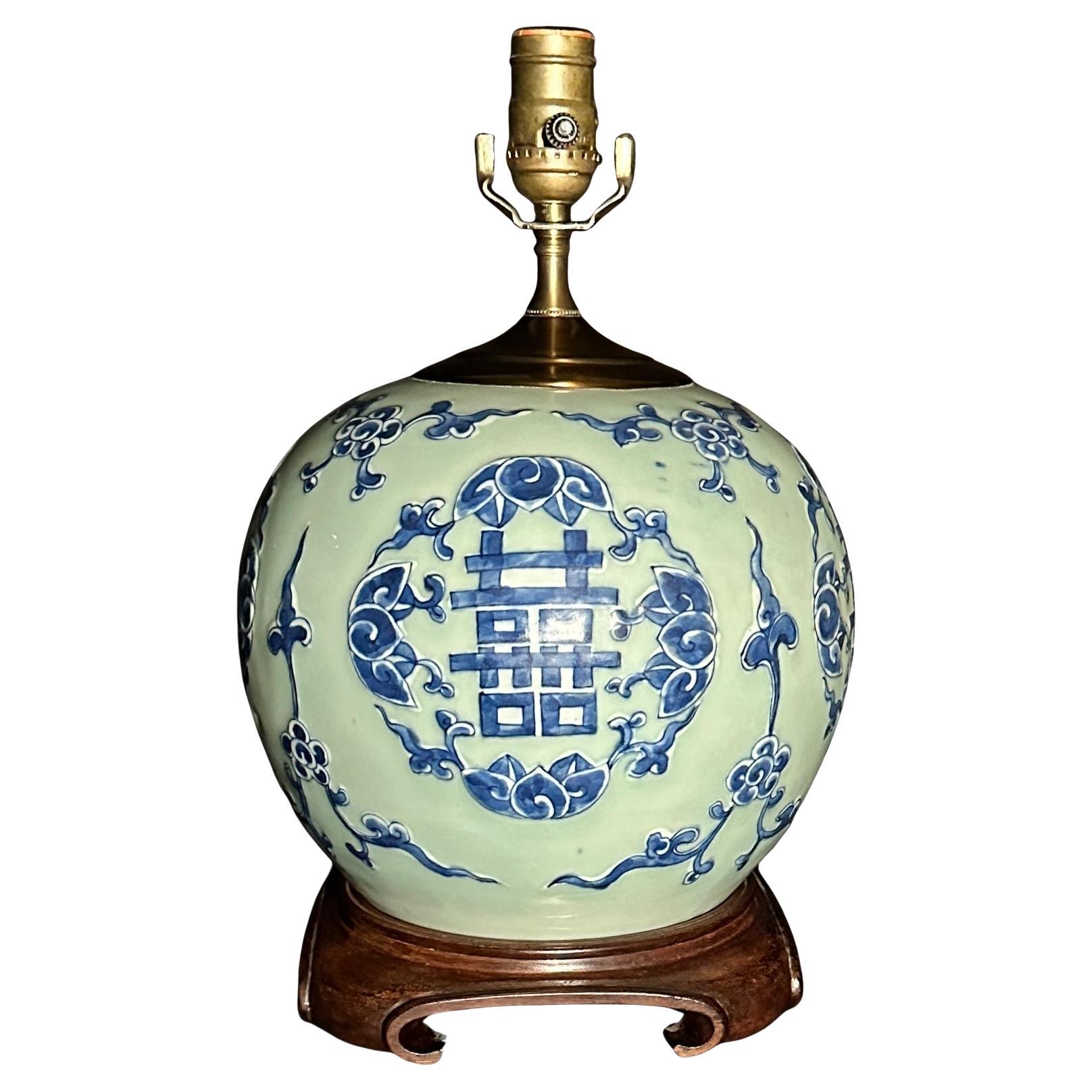 Antique Chinese Porcelain Blue And White Ginger Jar As Lamp