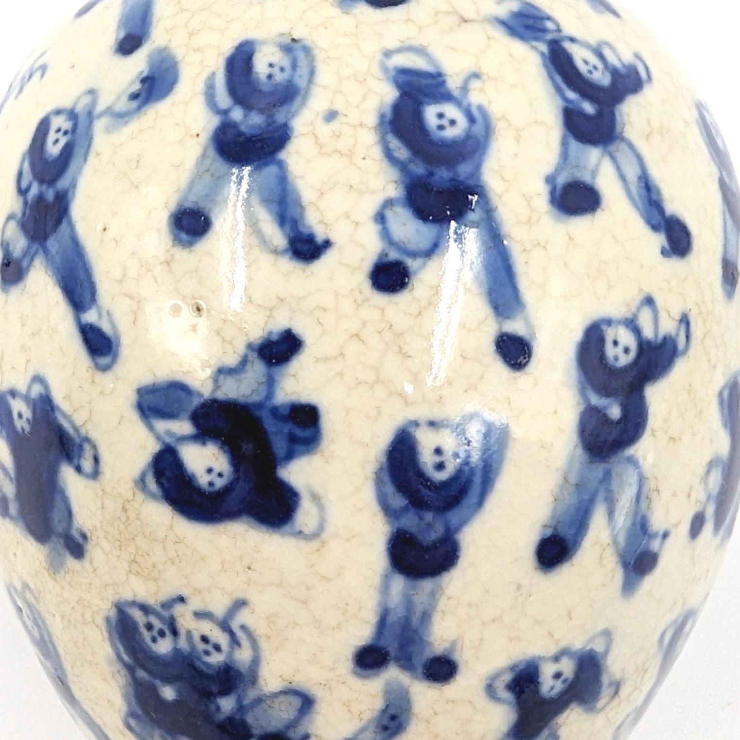 Antique Chinese Porcelain Blue & White Crackle Glaze 100 Boys Snuff Bottle Vase For Sale 2