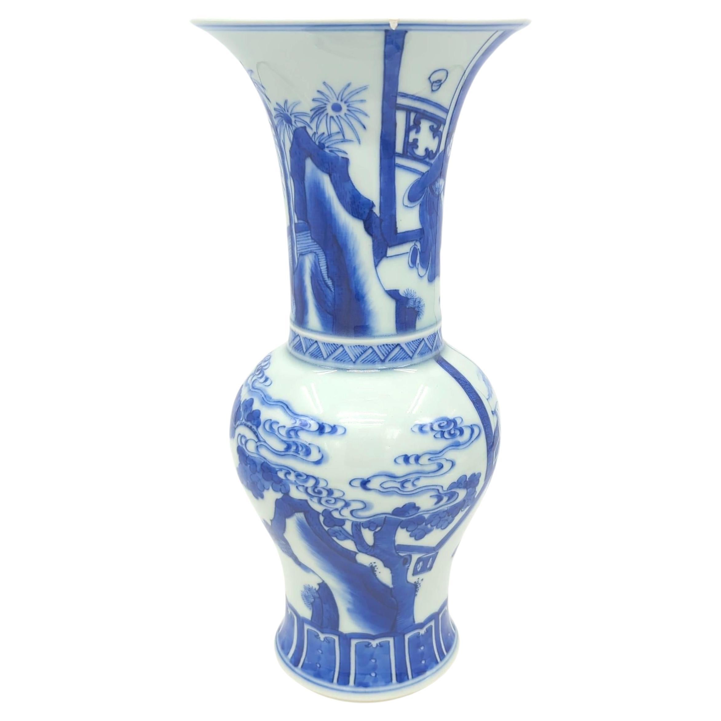 19th Century Antique Chinese Porcelain Blue & White Figural Gu Vase Late Qing R.O.C. 19/20c For Sale