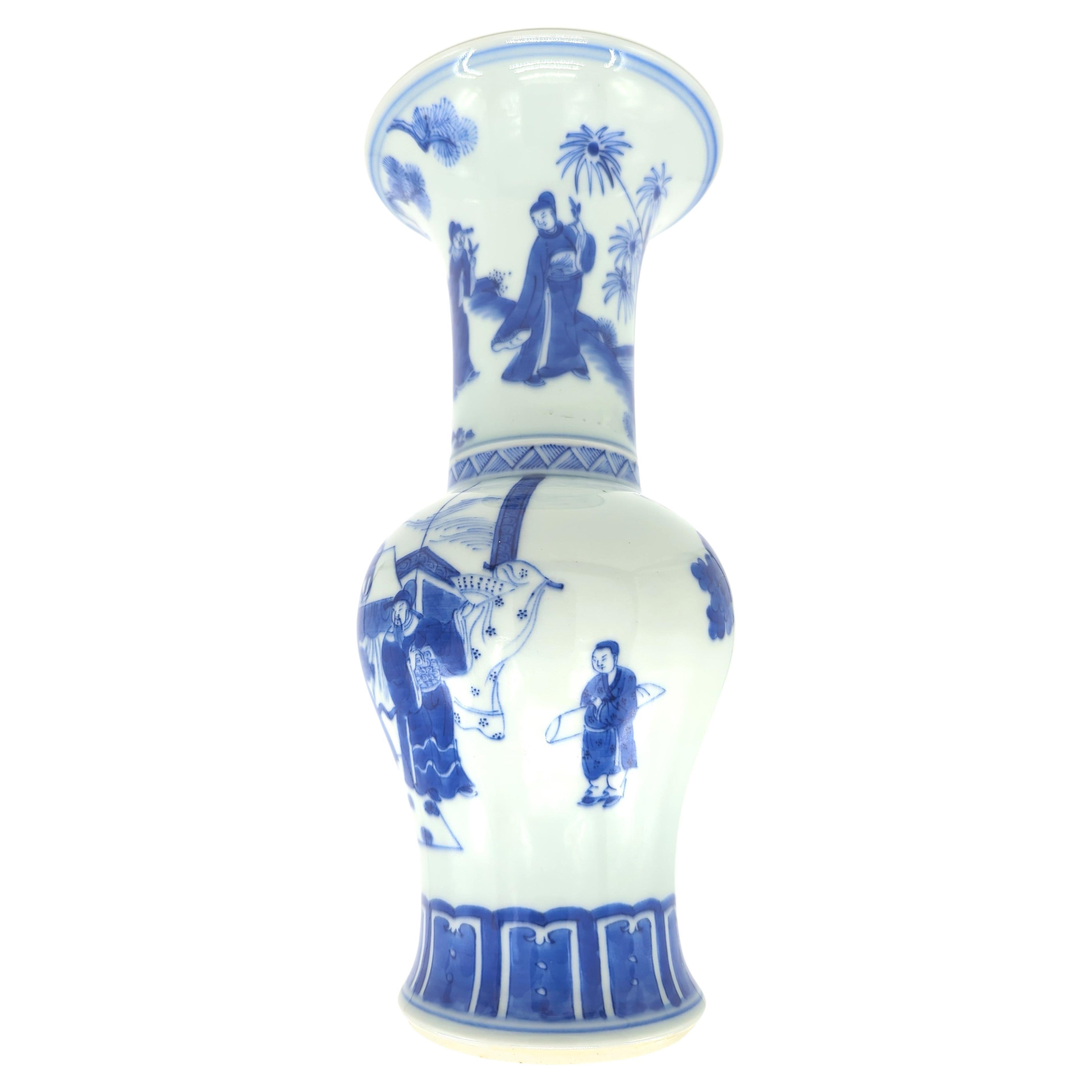 Antique Chinese Porcelain Blue & White Figural Gu Vase Late Qing R.O.C. 19/20c For Sale 2