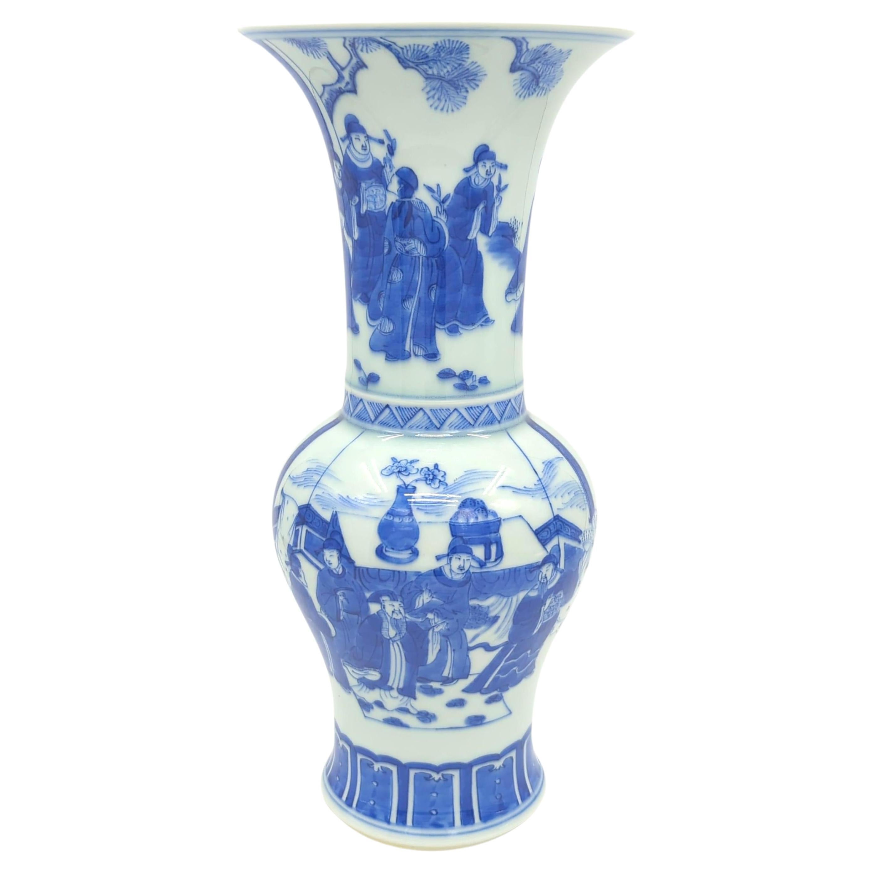 Antique Chinese Porcelain Blue & White Figural Gu Vase Late Qing R.O.C. 19/20c For Sale
