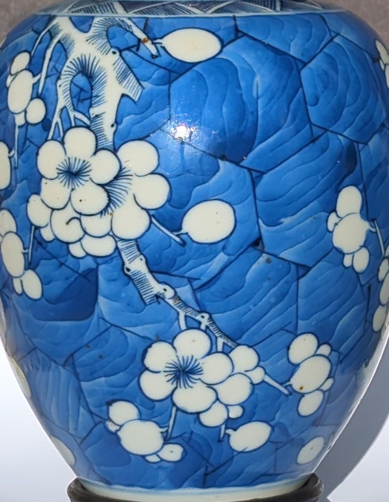 Antique Chinese Porcelain Blue White Hawthorn Prunus Ginger Jar Qing Kangxi 18c  For Sale 5