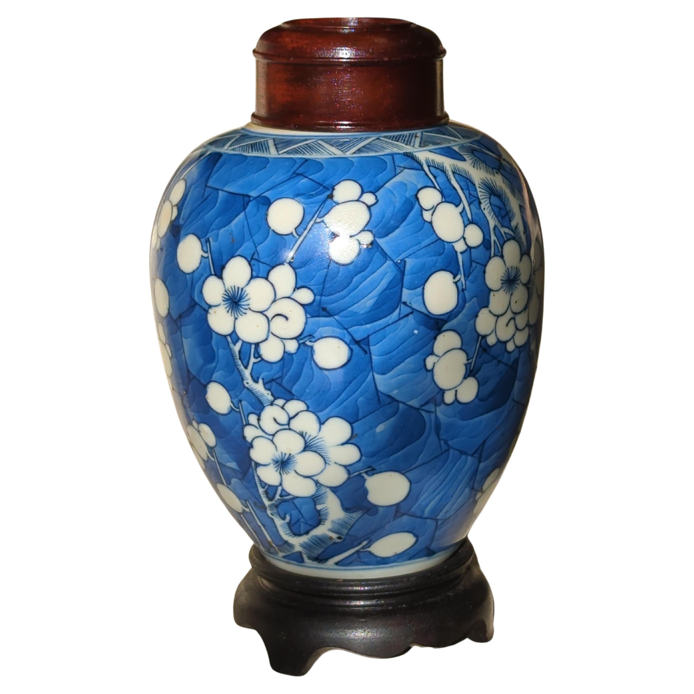 Porcelaine Ancienne jarre à gingembre d'aubépine bleue et blanche de Qing Kangxi, 18 carats  en vente
