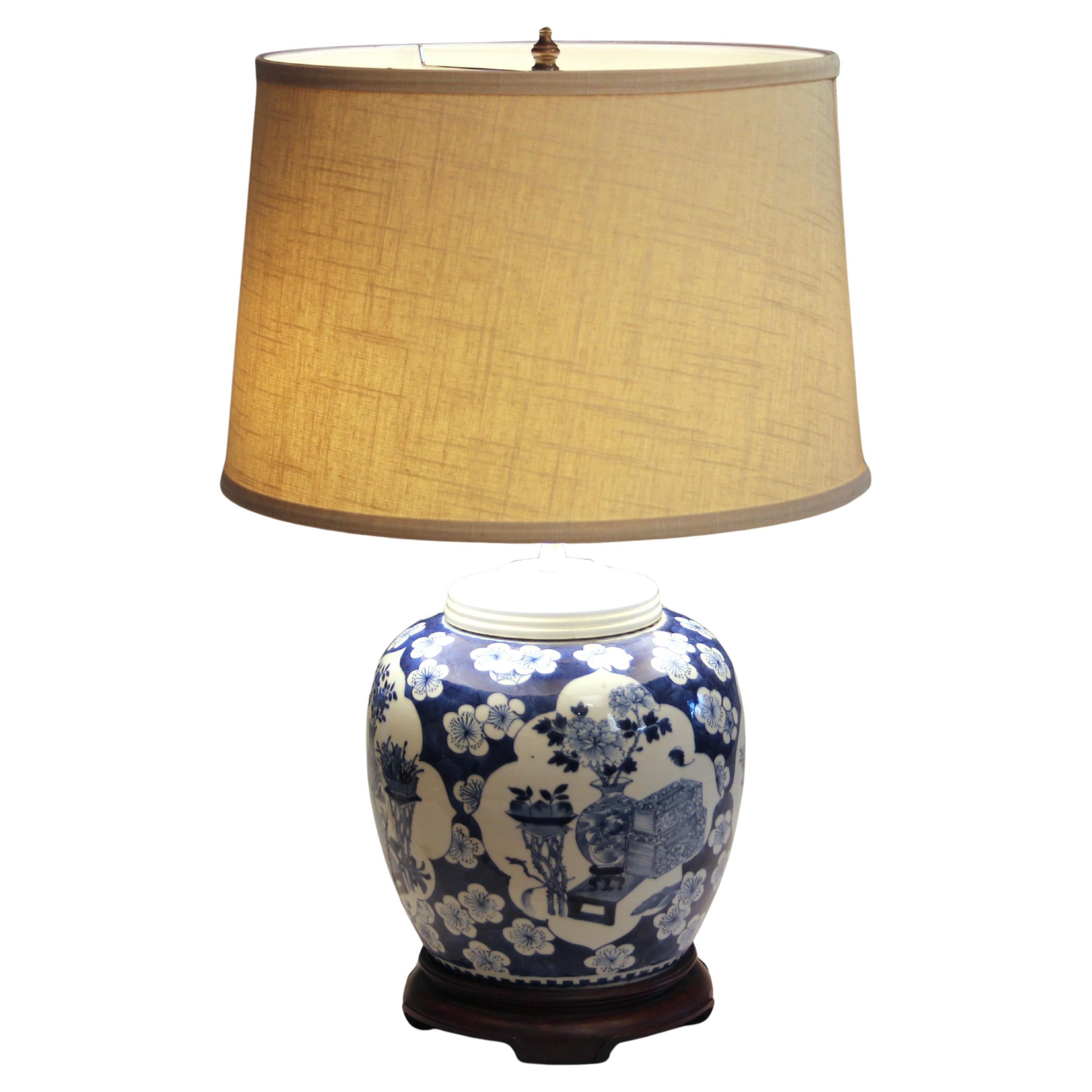 Antigua lámpara de porcelana china azul y blanca Hawthorne Ginger Jar 18th/19th Cen en venta