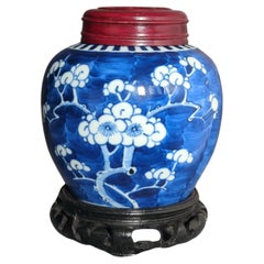 Antique Chinese Export Porcelain Blue White Prunus Ginger Jar 5" Qing 19c