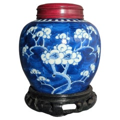 Vintage Chinese Export Porcelain Blue White Prunus Ginger Jar 5" Qing 19c  