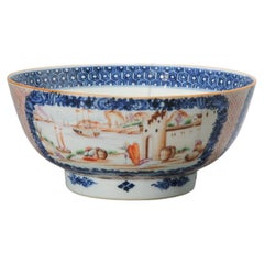 Antique Chinese Porcelain Bowl with a Harbor Scene, 18th Century