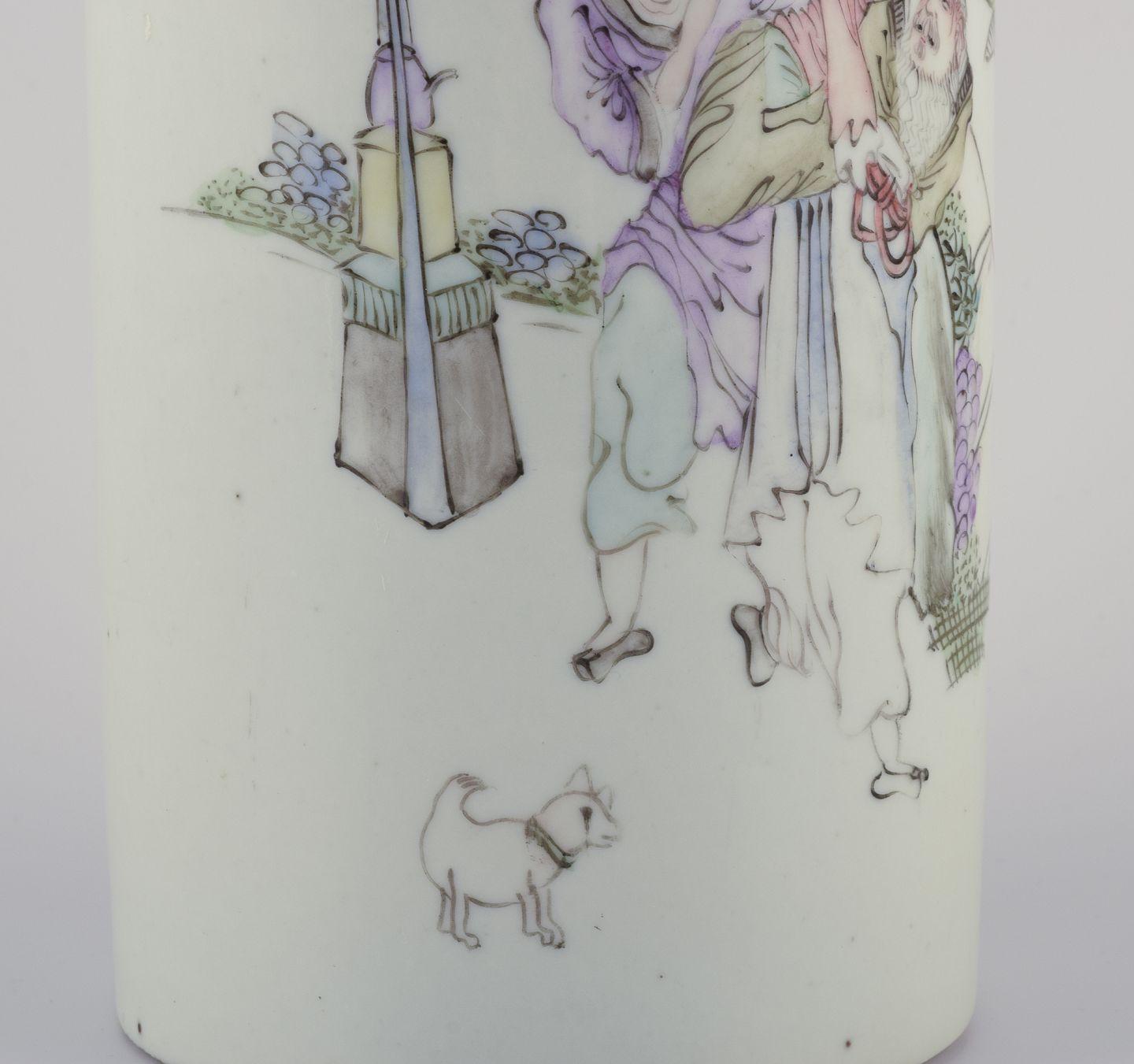 19th Century Antique Chinese porcelain brush holder with a motif of figures in a landscape. For Sale