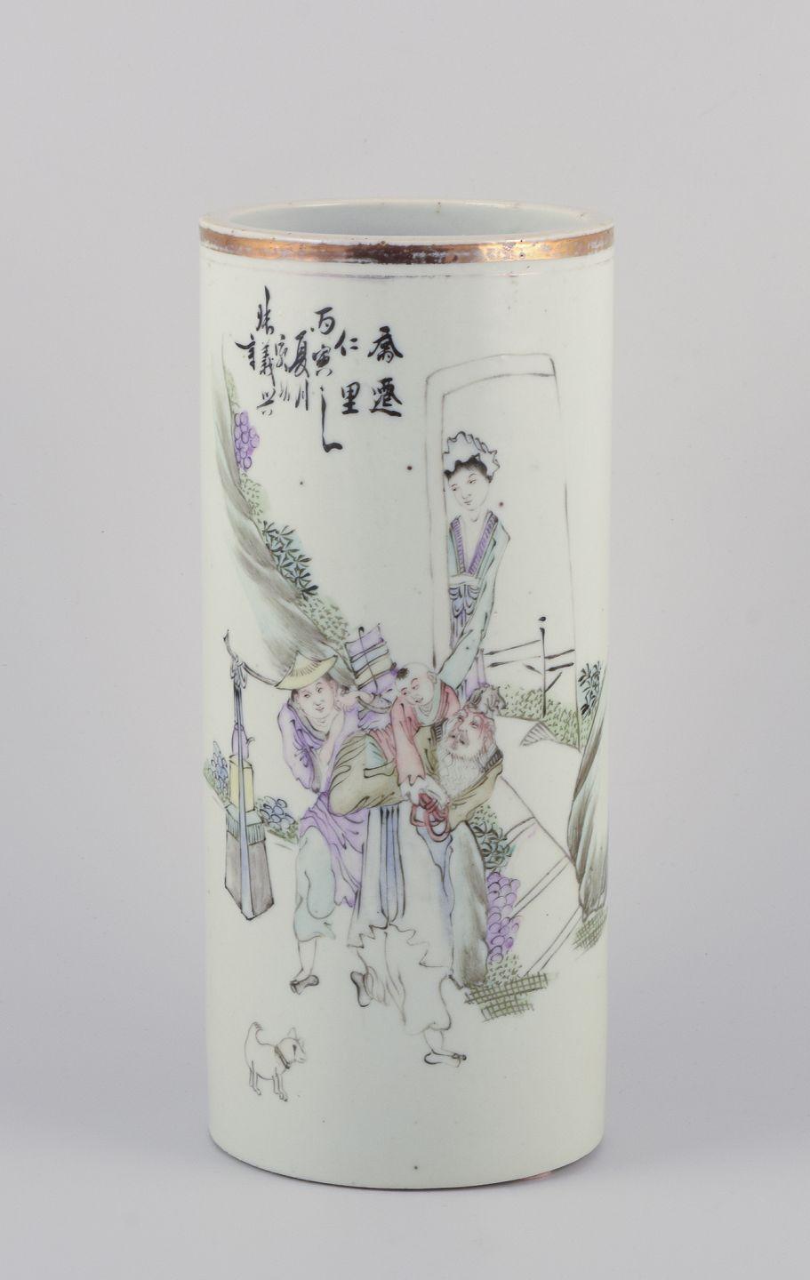Antique Chinese porcelain brush holder with a motif of figures in a landscape. For Sale