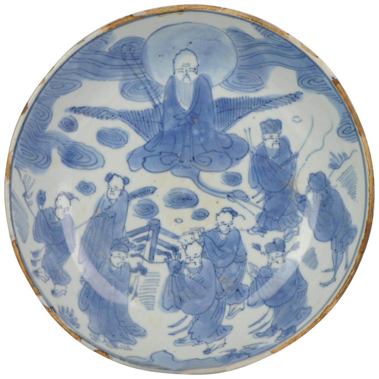 Ancienne assiette Kosometsuke en porcelaine chinoise ancienne, vers 1600-1640, Shou Lao 8 Immortals