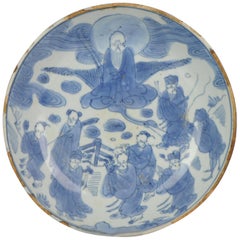 Ancienne assiette Kosometsuke en porcelaine chinoise ancienne, vers 1600-1640, Shou Lao 8 Immortals