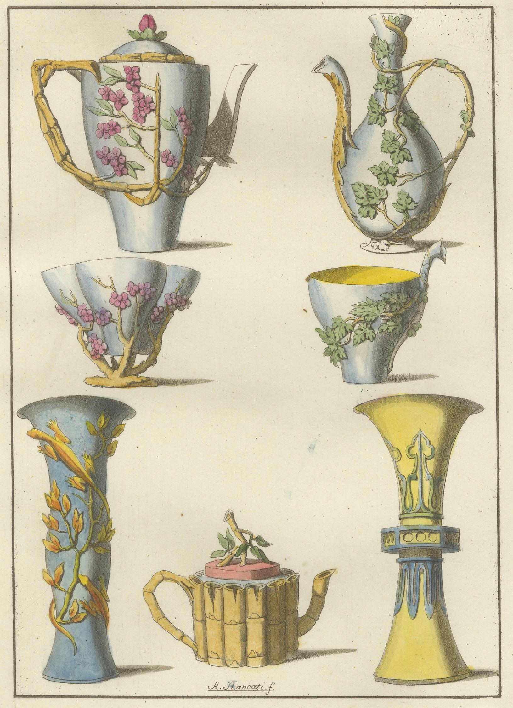 Antique Chinese Porcelain Design Print — Vases & Teapots, Ferrario 1815