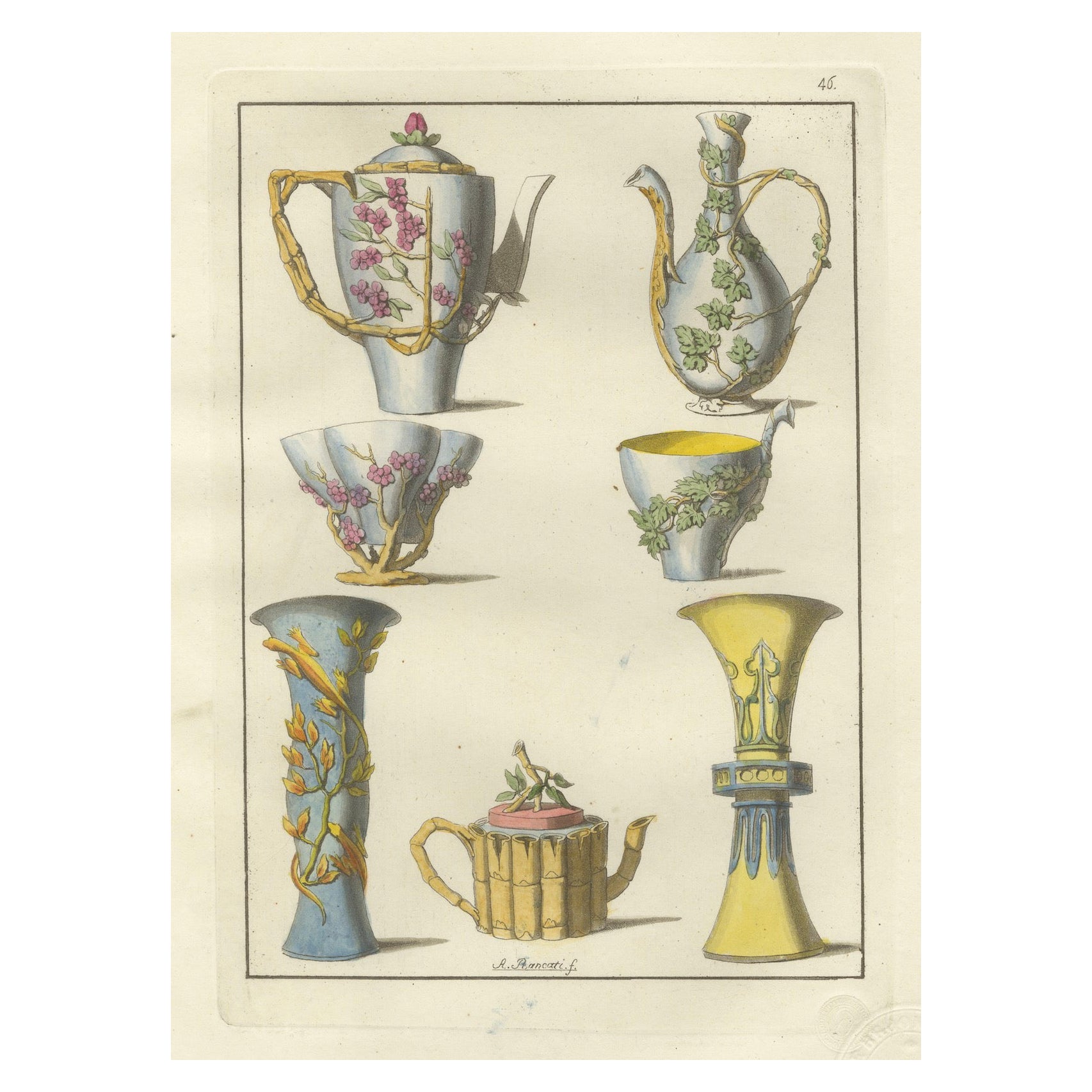 Ancienne gravure de design sur porcelaine chinoise - Vases et théières, Ferrario 1815