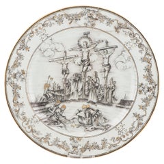 Antiguo Plato de Porcelana China Encre de Chine La Crucifixión, Ca 1745