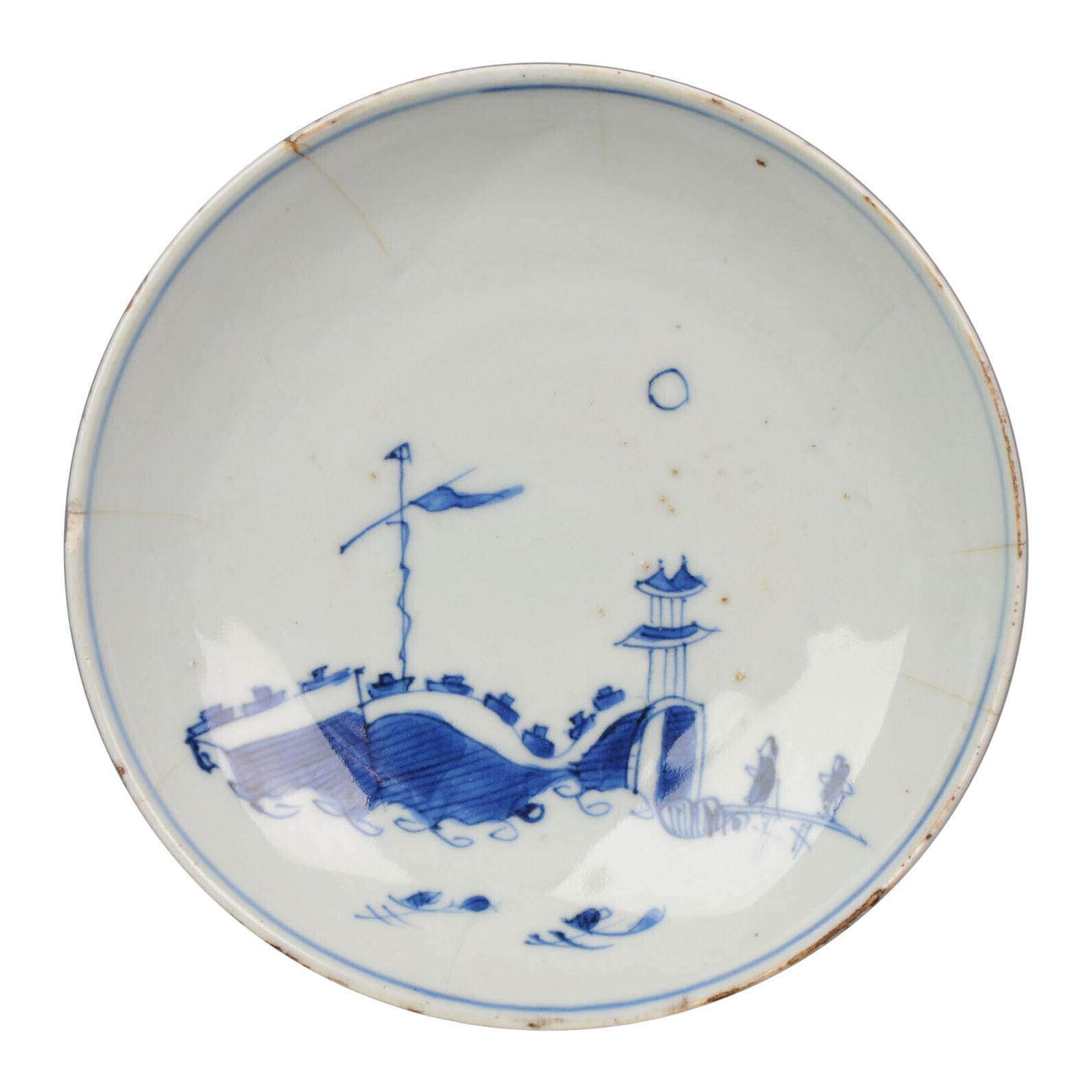 Plat ancien en porcelaine chinoise Wanli / Tainqi Literati & City, 17e siècle