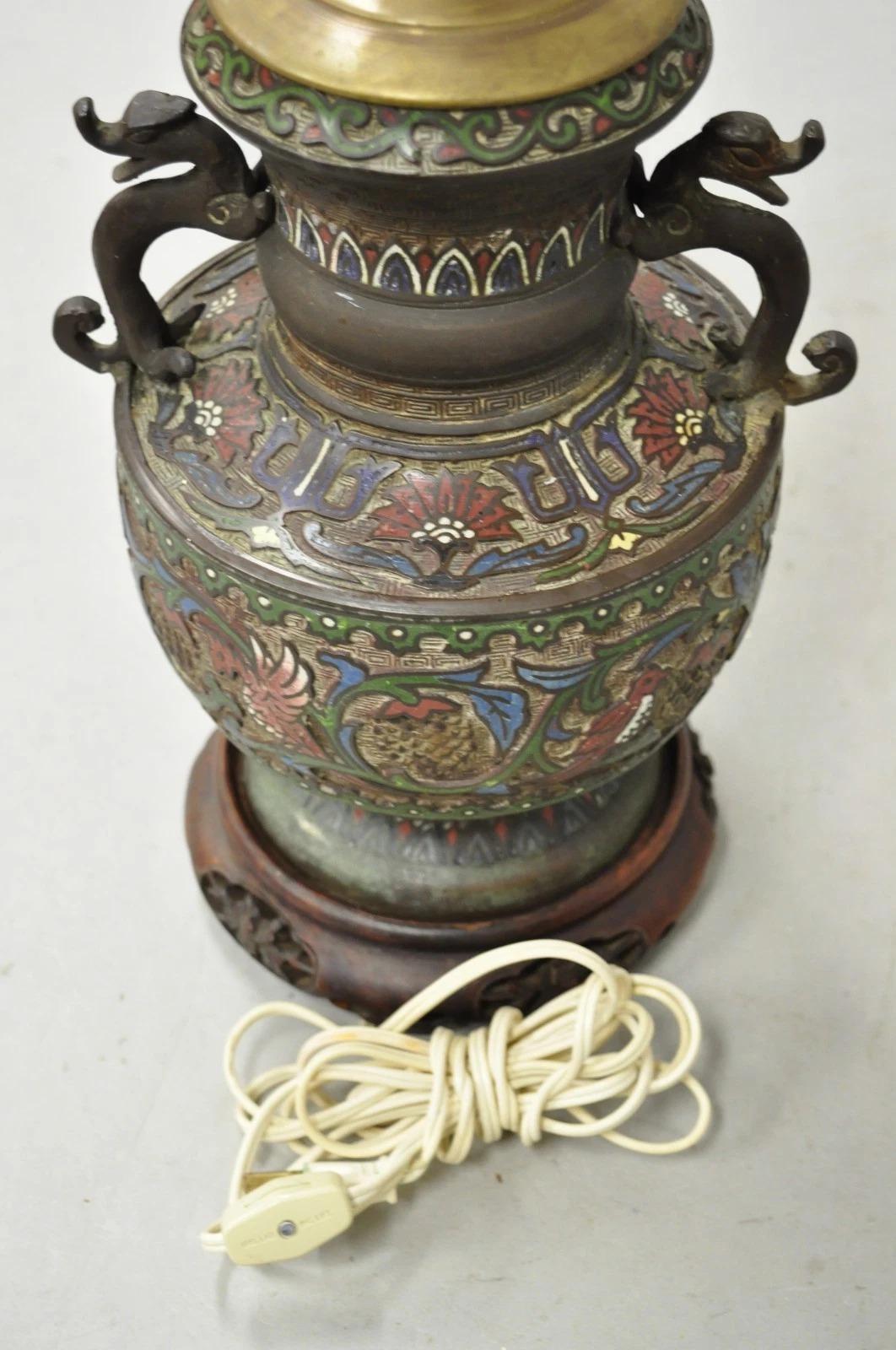 Antique Chinese Porcelain Enamel Bronze Oriental Cloisonne Champleve Table Lamp For Sale 4