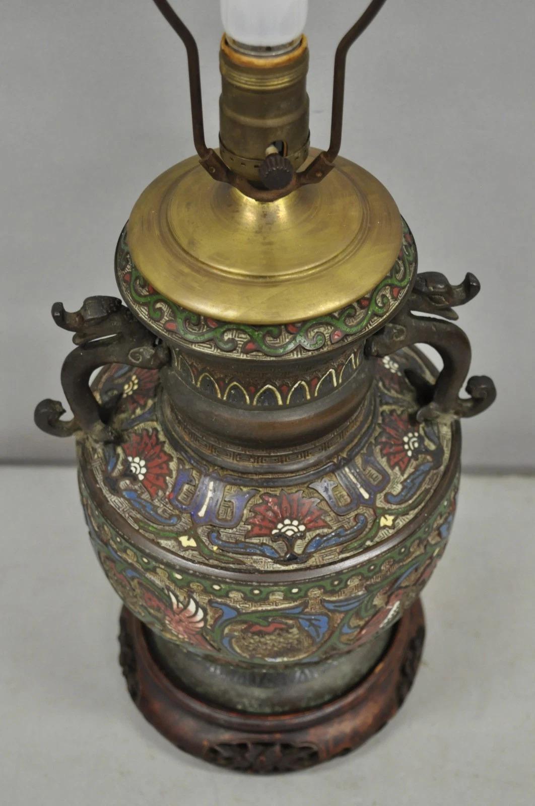 Antique Chinese Porcelain Enamel Bronze Oriental Cloisonne Champleve Table Lamp For Sale 5
