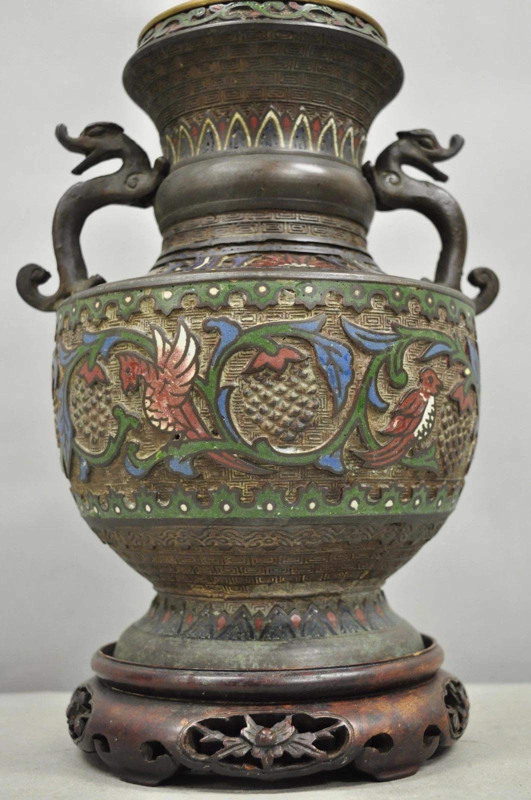 Antique Chinese Porcelain Enamel Bronze Oriental Cloisonne Champleve Table Lamp For Sale 6