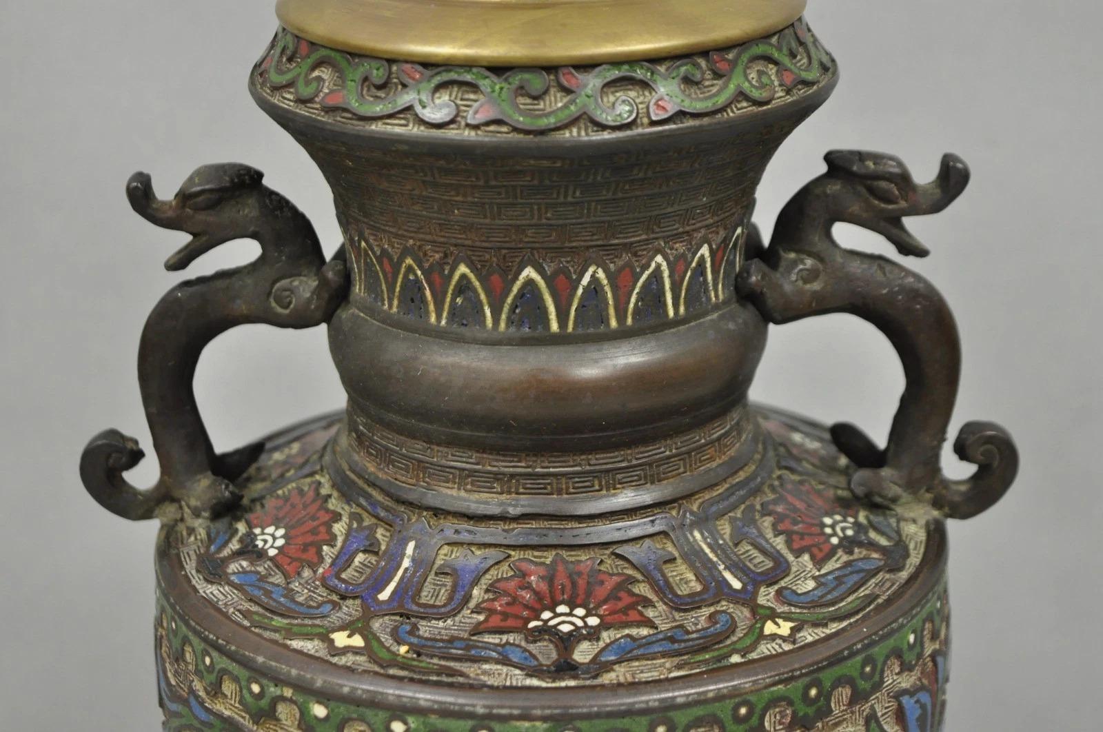 Unknown Antique Chinese Porcelain Enamel Bronze Oriental Cloisonne Champleve Table Lamp For Sale