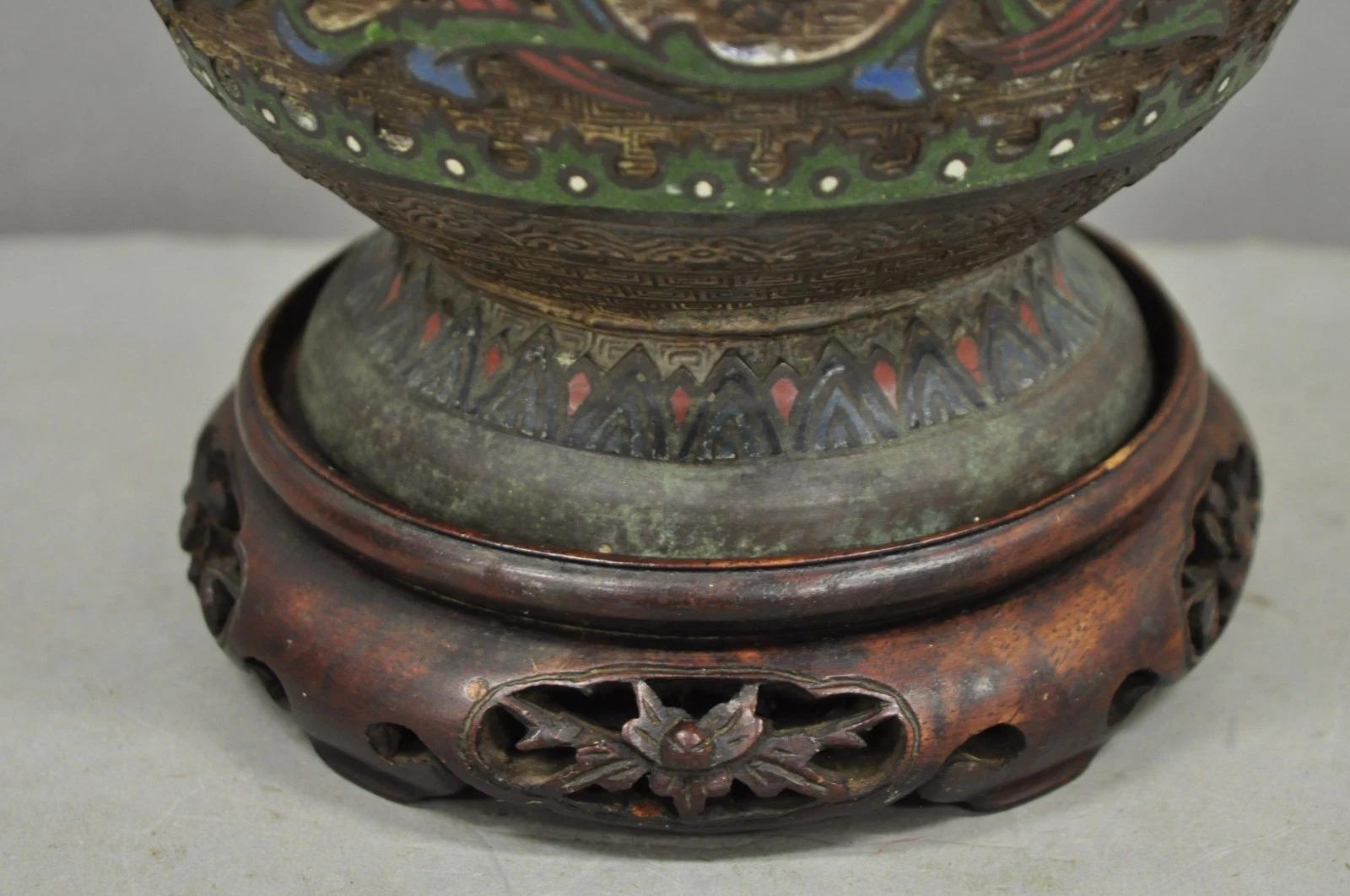 20th Century Antique Chinese Porcelain Enamel Bronze Oriental Cloisonne Champleve Table Lamp For Sale
