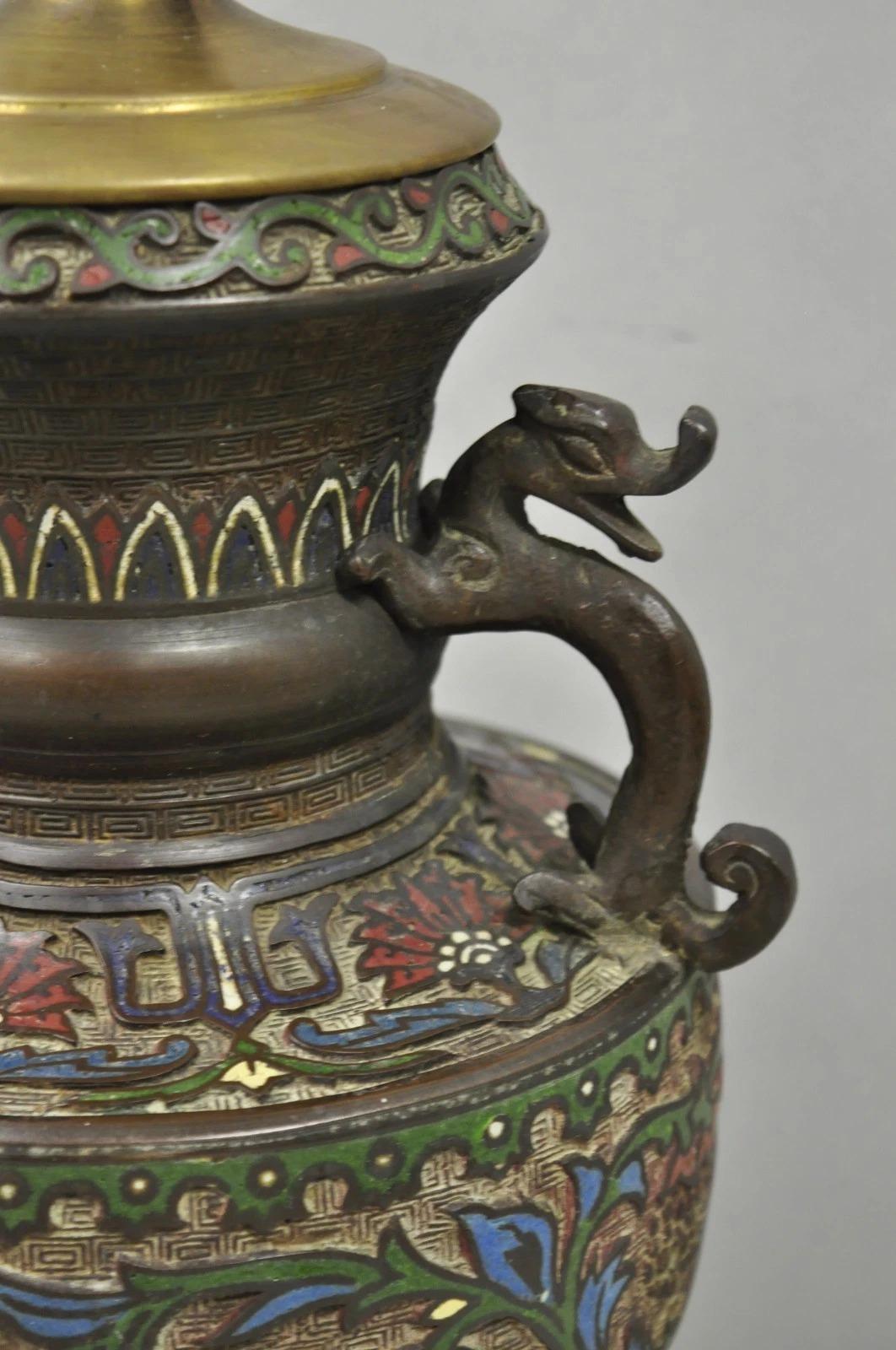 Antique Chinese Porcelain Enamel Bronze Oriental Cloisonne Champleve Table Lamp For Sale 3