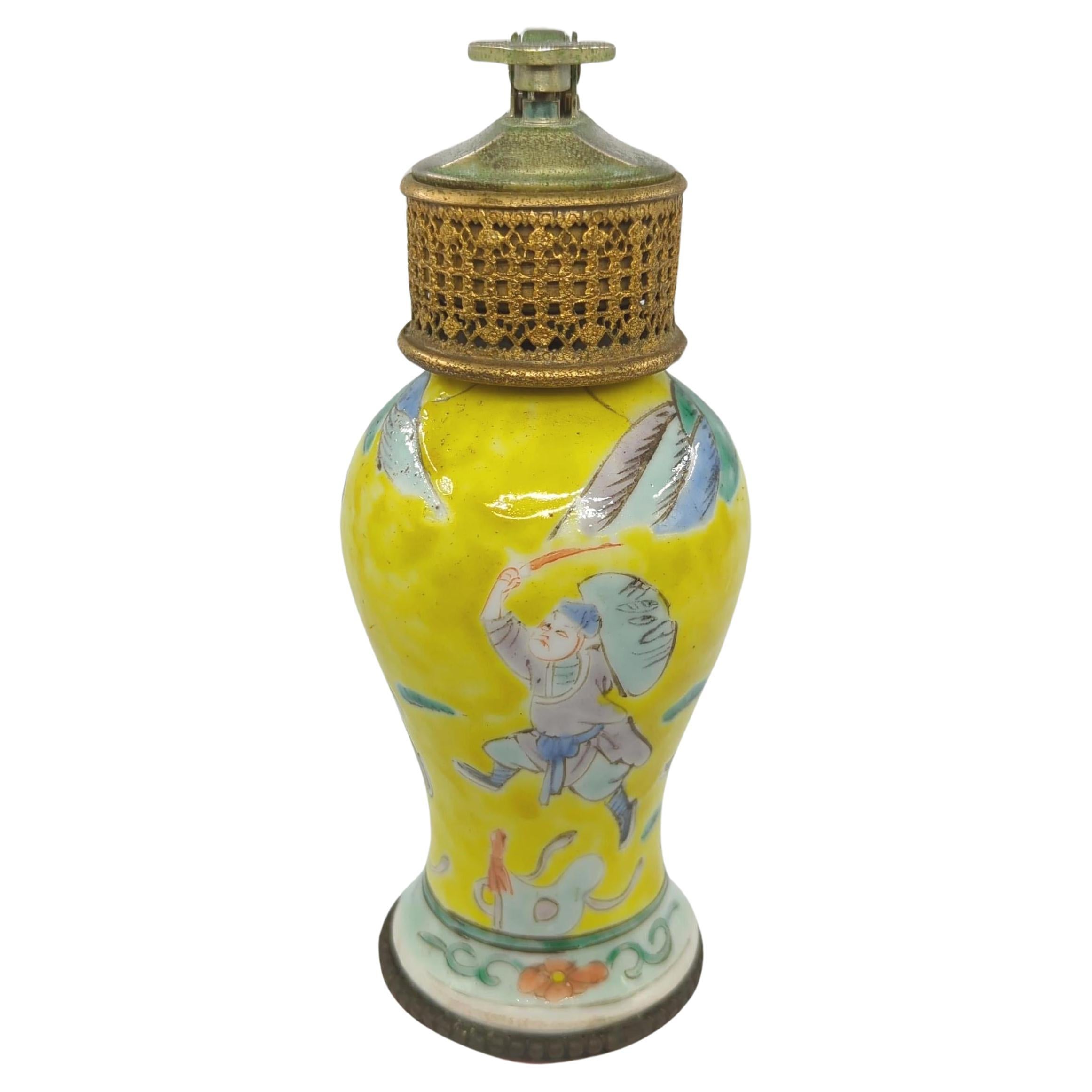 Antique Chinese Porcelain Famille Rose Sancai Meiping Mounted Lighter mid 20c In Good Condition For Sale In Richmond, CA