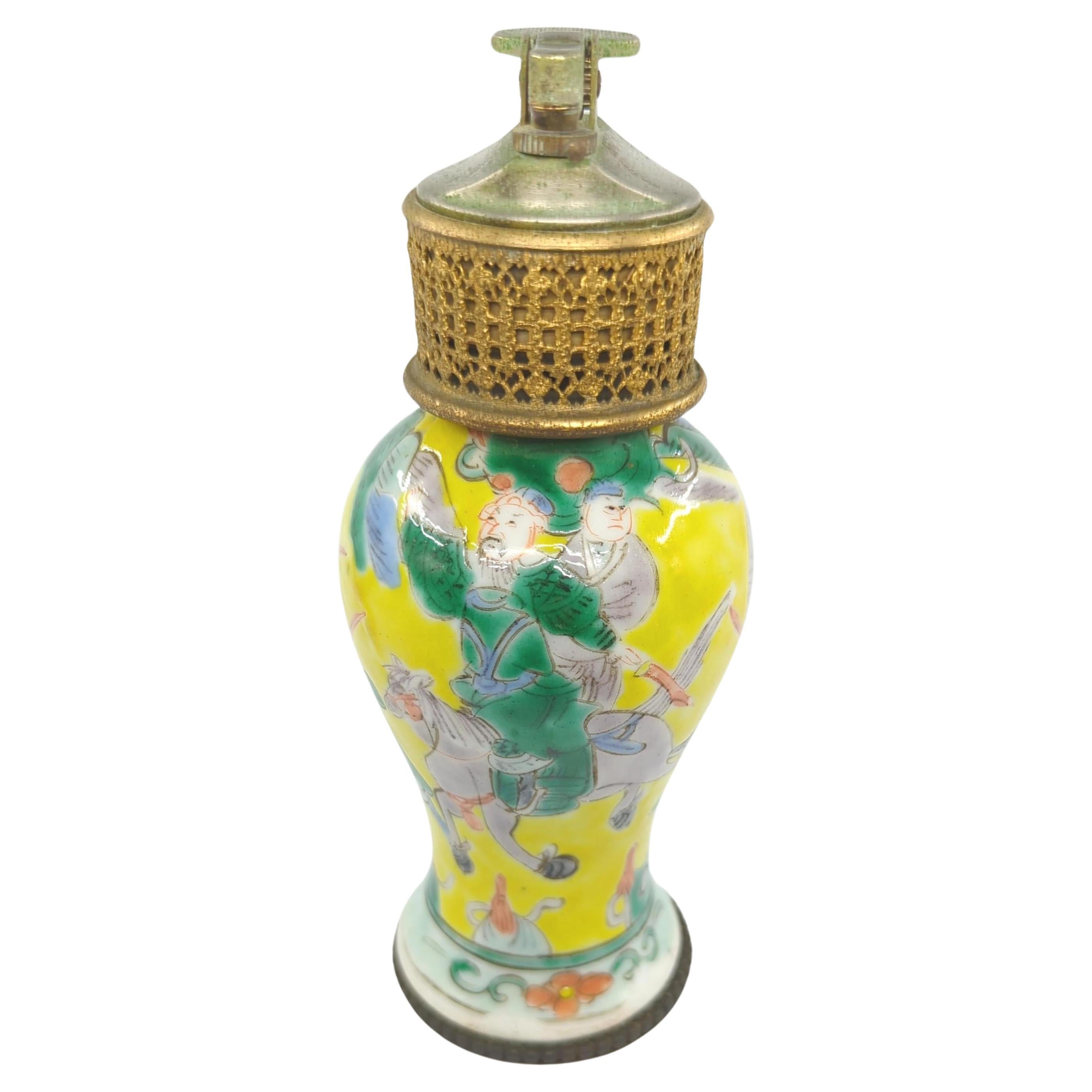 Antique Chinese Porcelain Famille Rose Sancai Meiping Mounted Lighter mid 20c For Sale 1