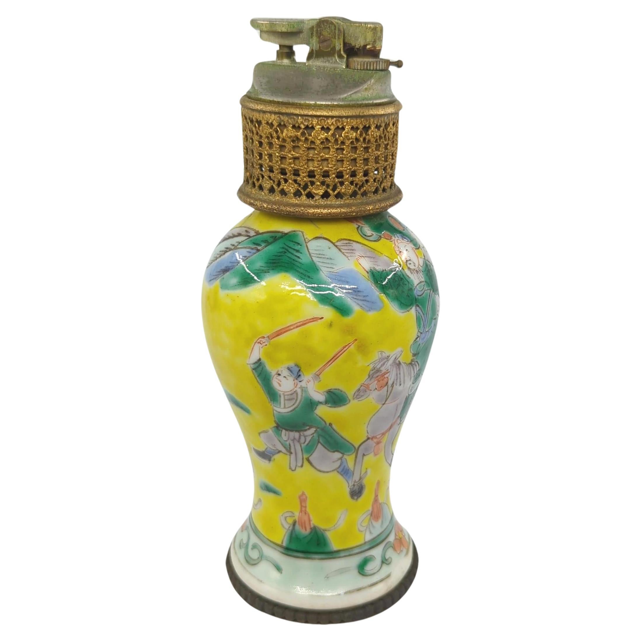 Antique Chinese Porcelain Famille Rose Sancai Meiping Mounted Lighter mid 20c For Sale