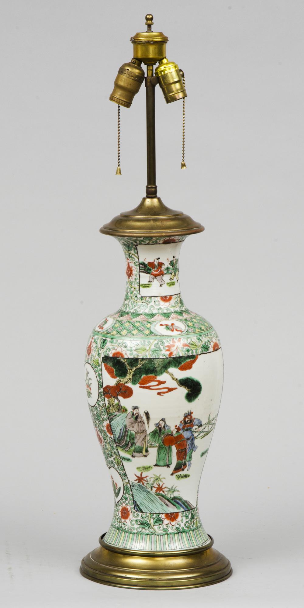 Chinese Export Antique Chinese Porcelain Famille Vert Lamp For Sale