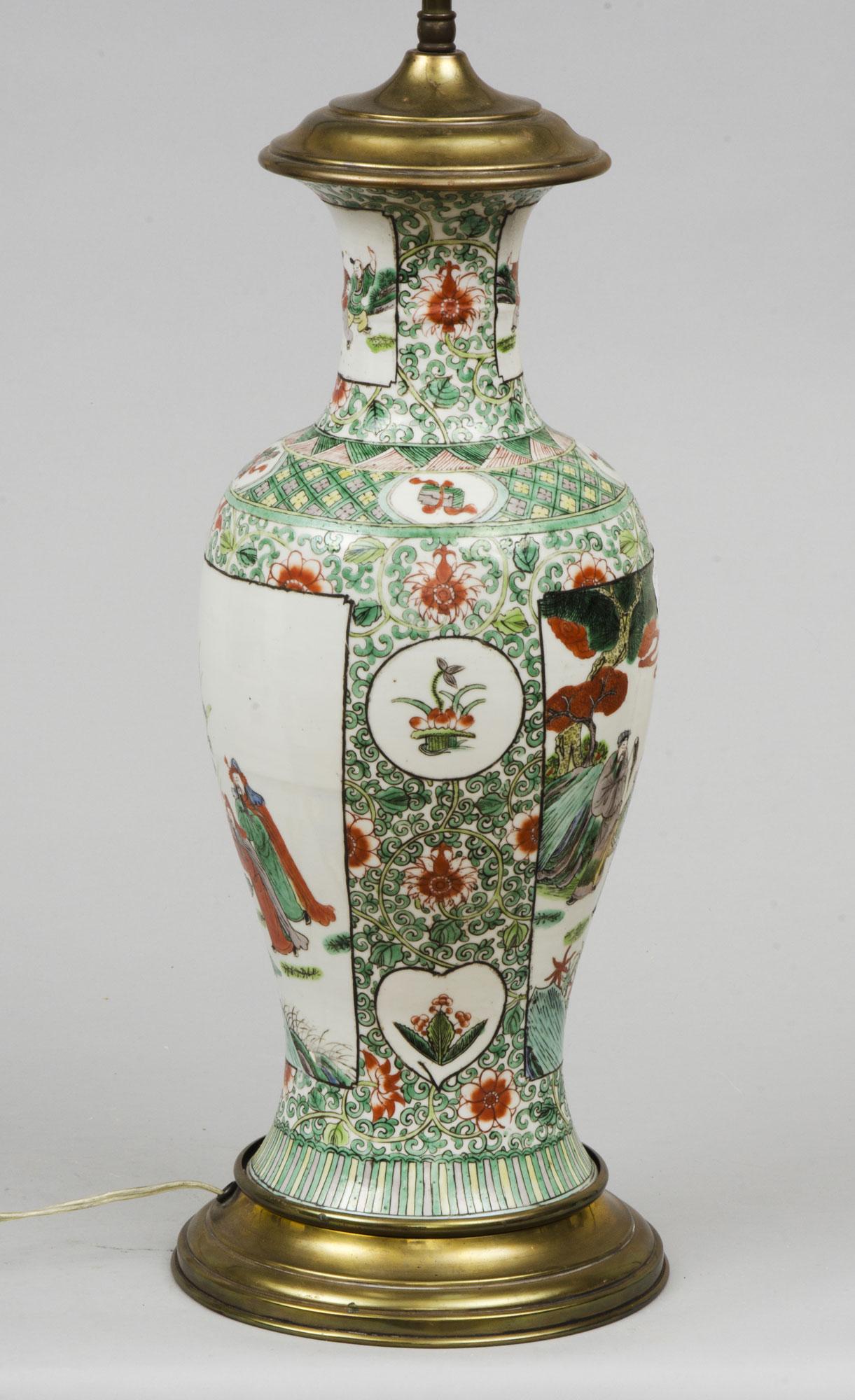 Bronze Antique Chinese Porcelain Famille Vert Lamp For Sale