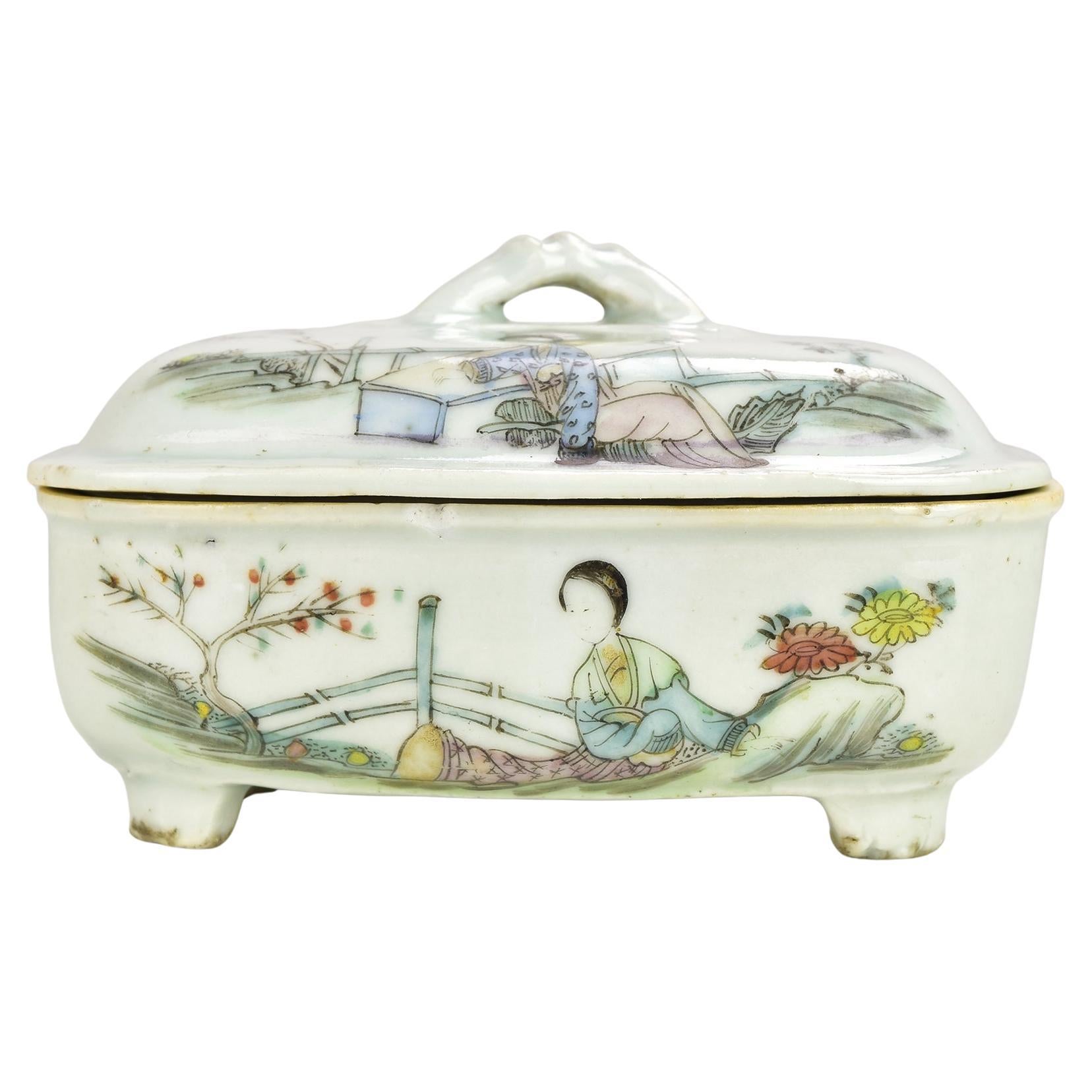 Antigua jabonera de porcelana china Famille Verte Dinastía Qing Siglo XIX