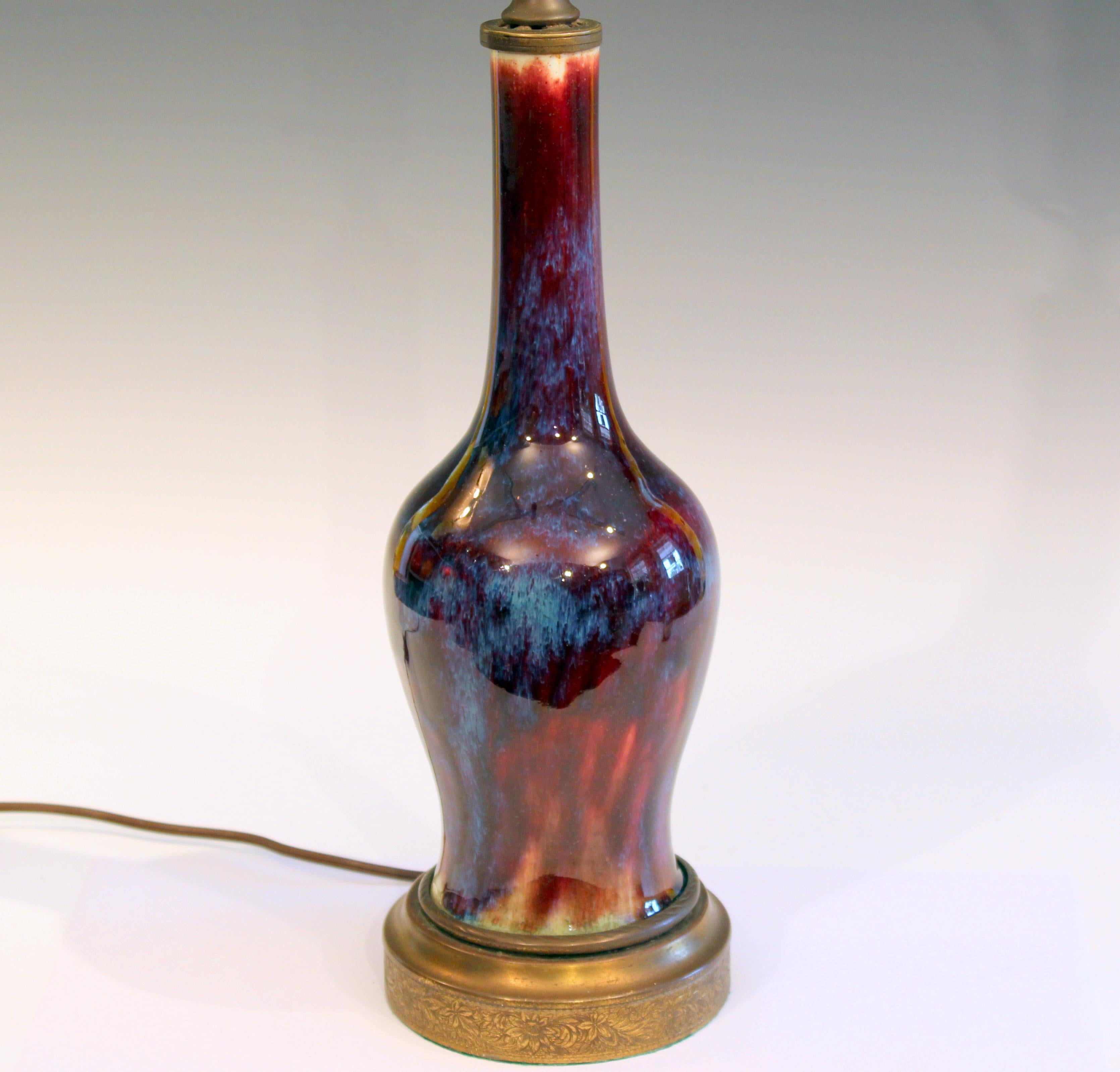 Turned Antique Chinese Porcelain Flambe 19th Century Vase Lamp Label