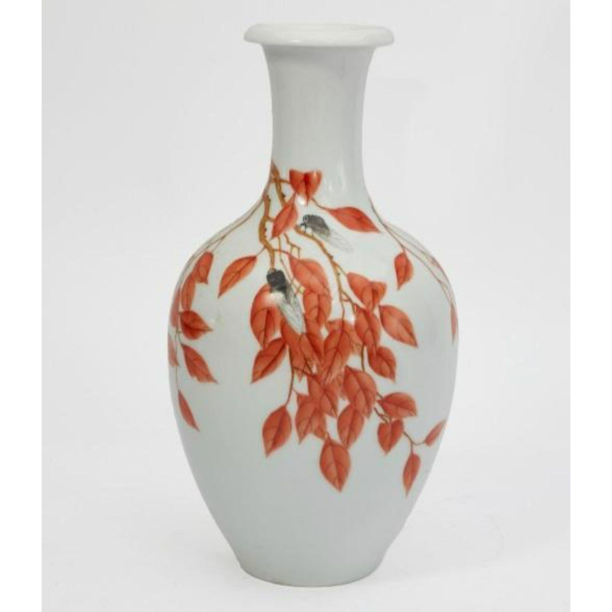 Antique Chinese porcelain insect vase with red leaves. It is a large example and measures 16.5