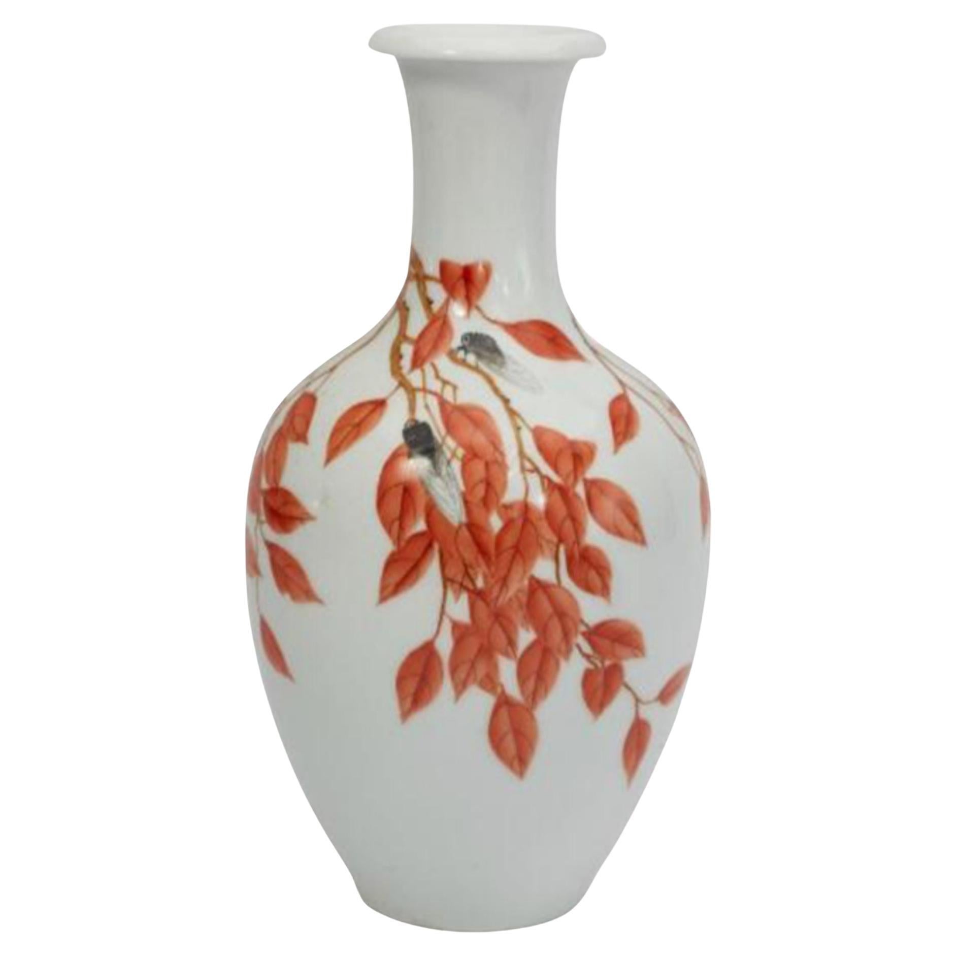 Antique Chinese Porcelain Insect Vase with Red Leaves For Sale