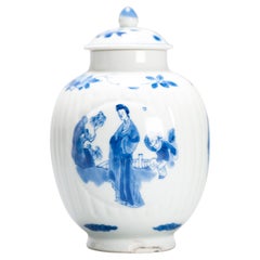 Antique Chinese Porcelain Kangxi Period Tea Caddy Elegant Lady and Child