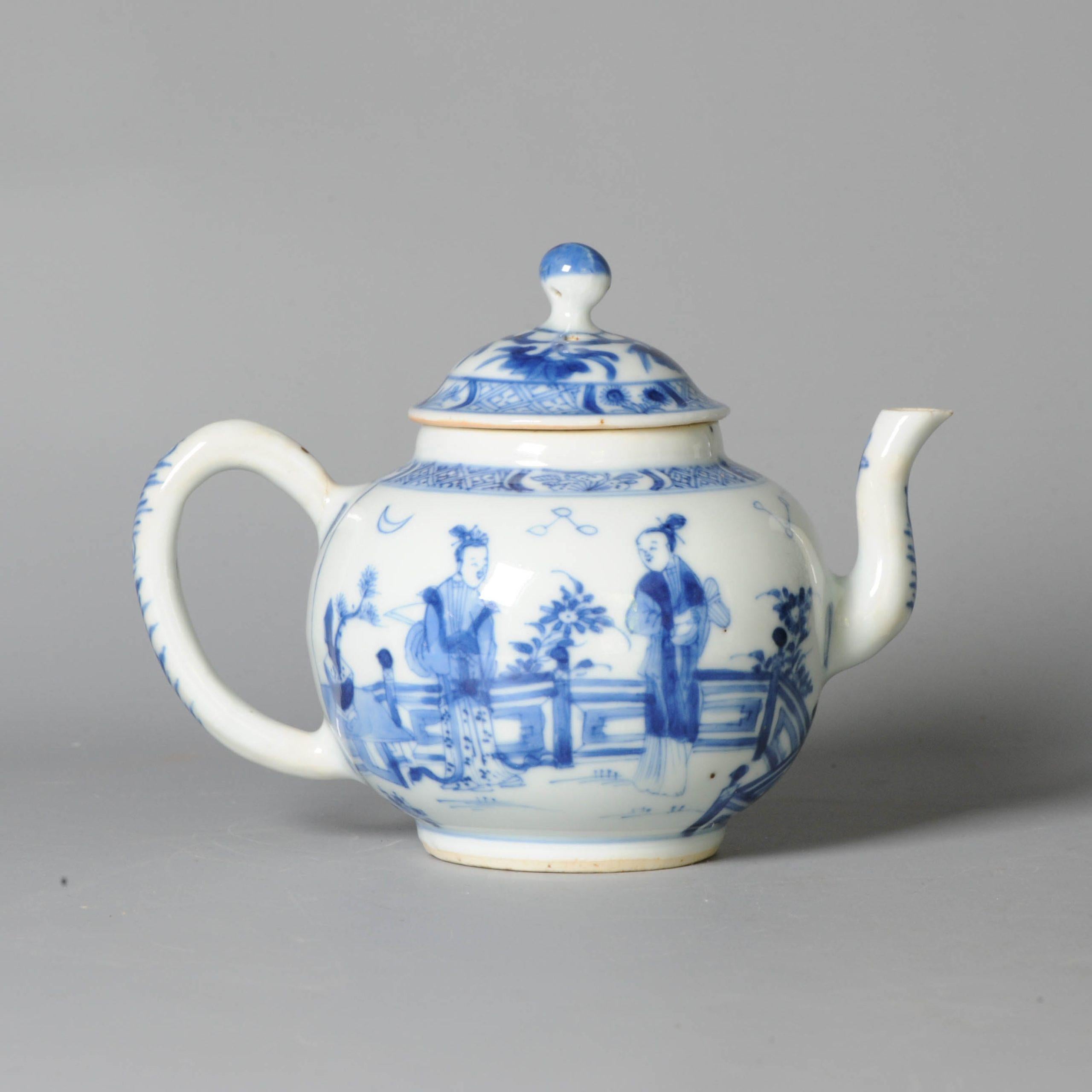 Kangxi in all it's delight, with a nicely painted scene of the Romance of the Western Chamber. Rare on a teapot

Unmarked at base.

Condition
Lid perfect, just some firing flaws. Pot with circular line to upper handle, a fritspot and a spot