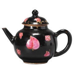 Antique Chinese Porcelain Kangxi period Teapot Famille Noire Rose Flowers