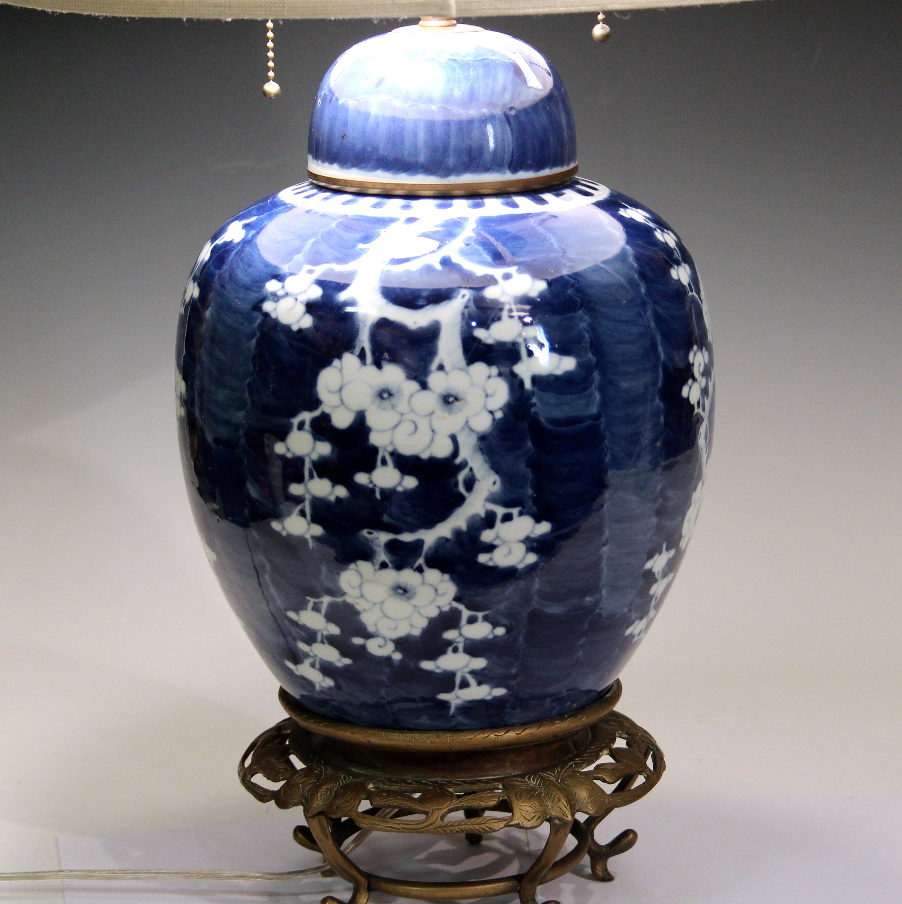 Turned Antique Chinese Porcelain Lamp Hawthorn Ginger Jar Vase Blue & White China Mark