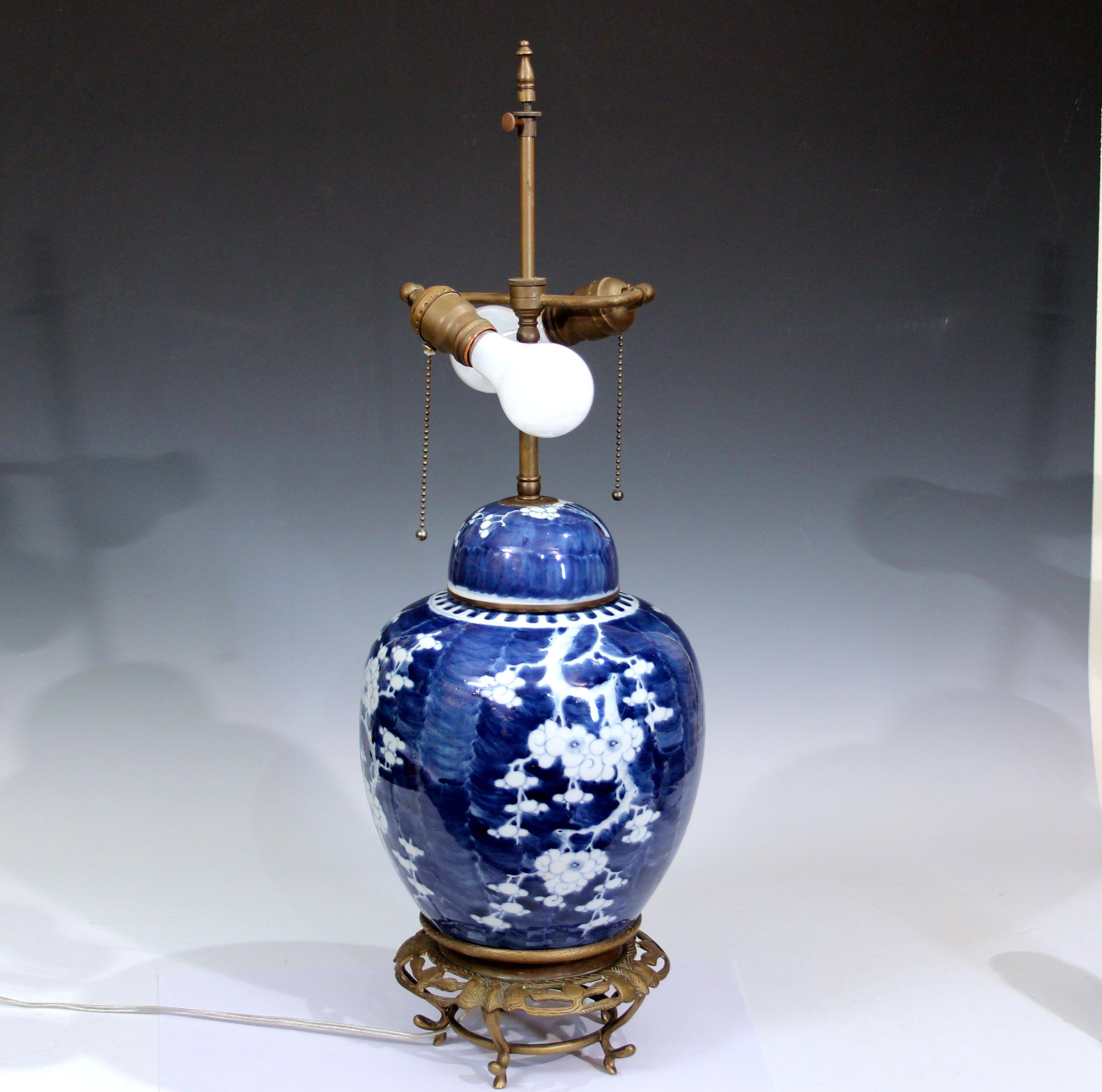 Antique Chinese Porcelain Lamp Hawthorn Ginger Jar Vase Blue & White China Mark In Good Condition In Wilton, CT
