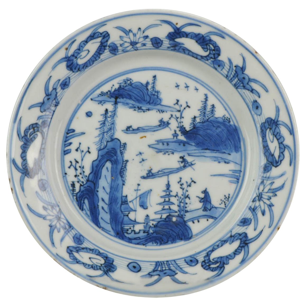 Antique Chinese Porcelain Ming 1540-1580 Jiajing Wanli Landscape Plate with Bird For Sale