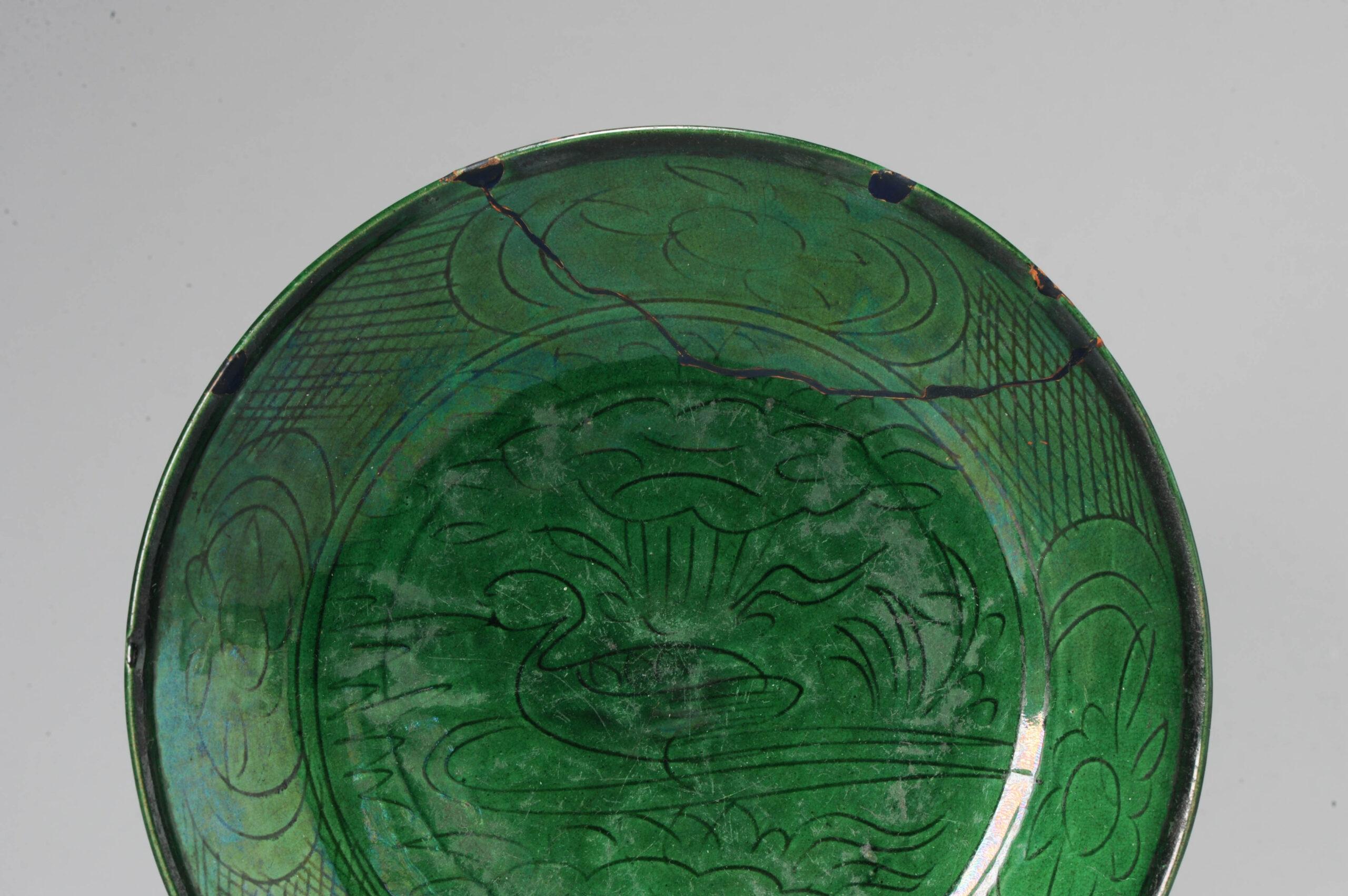 18th Century and Earlier Antique Chinese Porcelain Ming/Transitional Dish Green Glaze Carved, 17th Cen For Sale