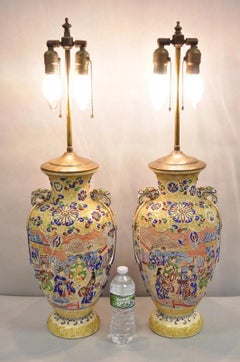 Antique Chinese Porcelain Painted Applied Scene Satsuma Vase Table Lamps - Pair