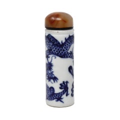 Antique Chinese Porcelain Pillar Blue & White Dragon Snuff Bottle