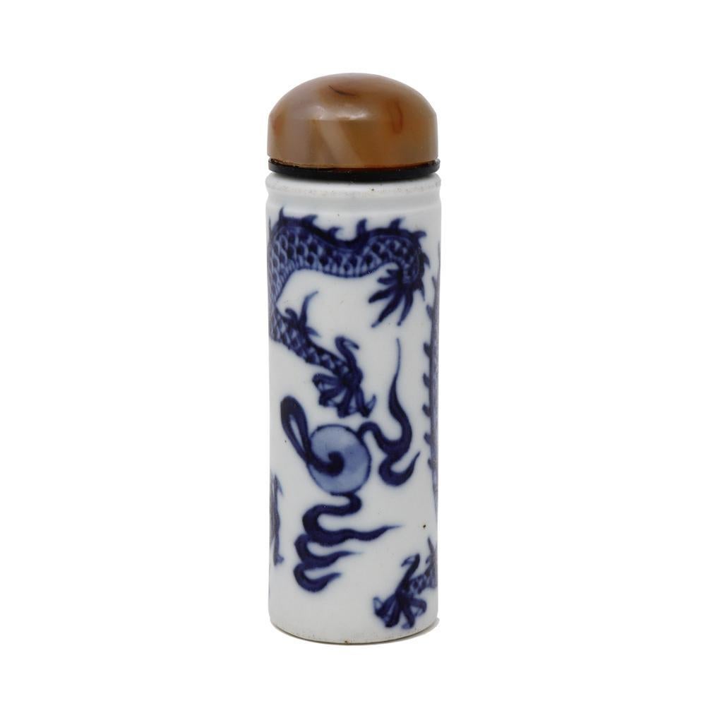 Qing Antique Chinese Porcelain Pillar Blue & White Dragon Snuff Bottle For Sale