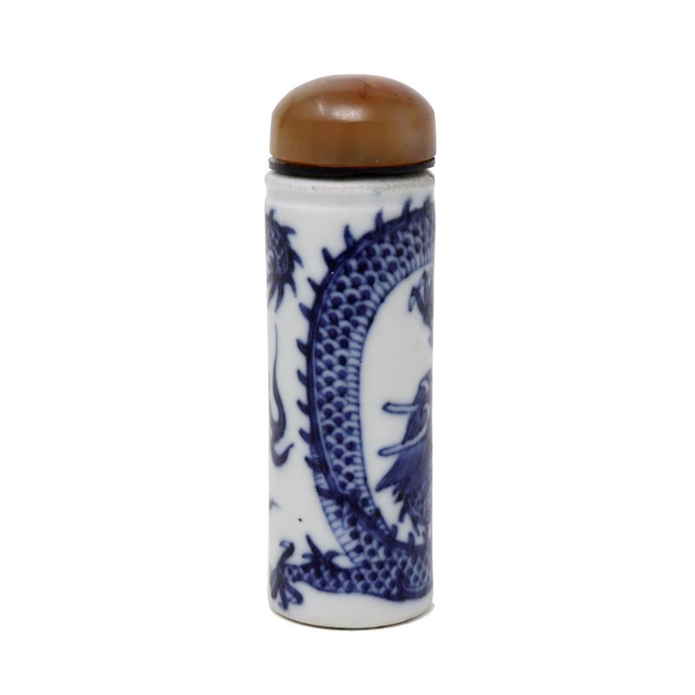 Fired Antique Chinese Porcelain Pillar Blue & White Dragon Snuff Bottle For Sale