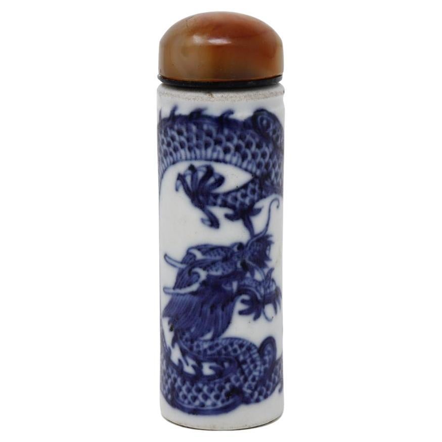 Antique Chinese Porcelain Pillar Blue & White Dragon Snuff Bottle