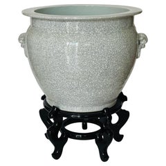 Ancien bol à plantes en porcelaine chinoise avec support