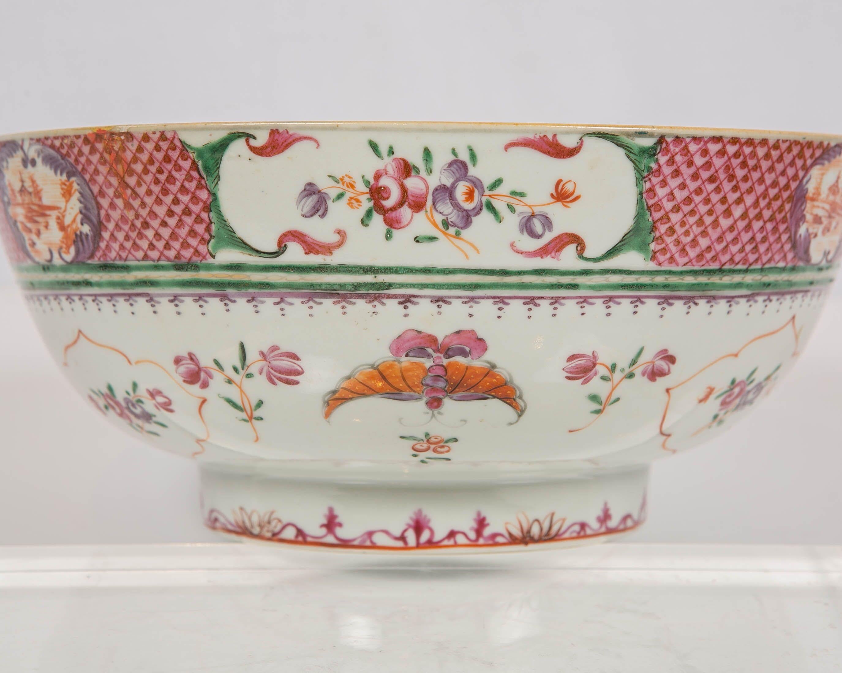 Chinese Porcelain Punch Bowl Hand-Painted in Famille Rose Colors, circa 1820 2